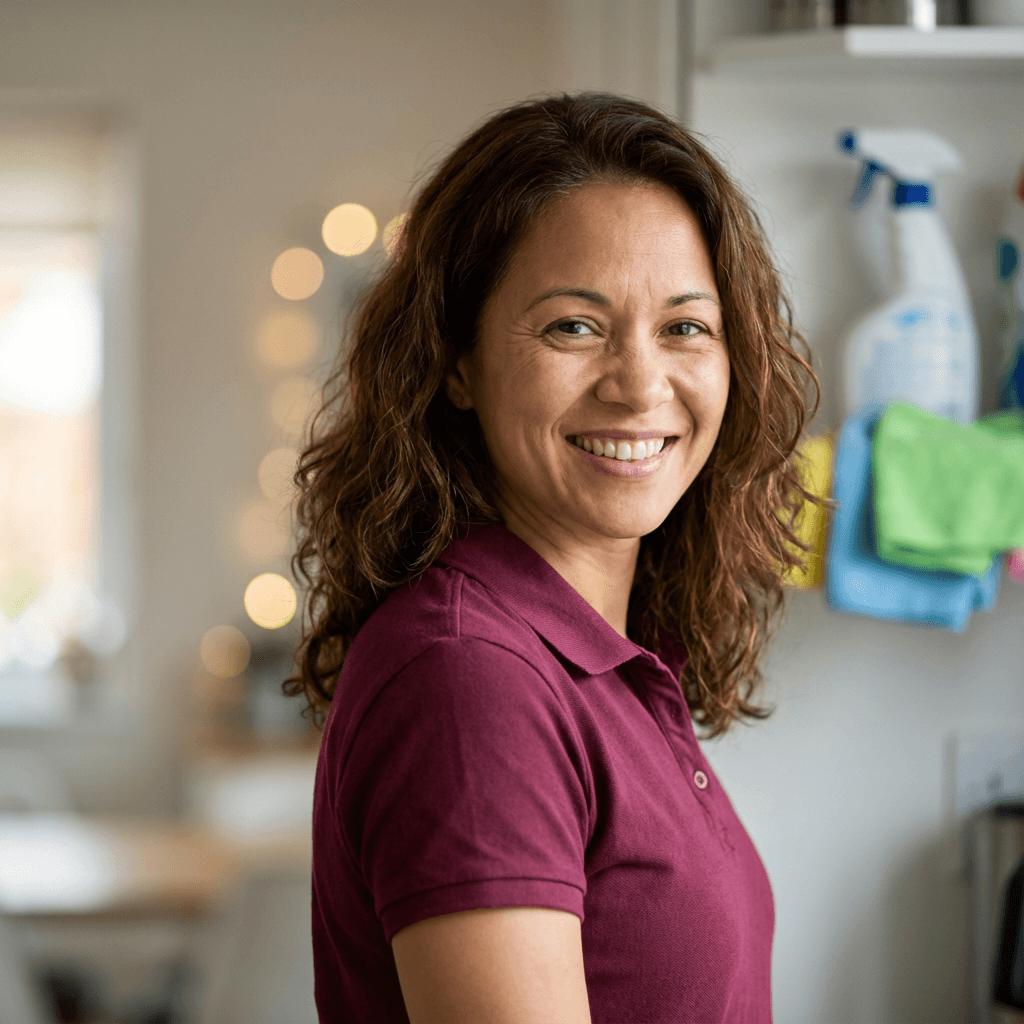 Dawn Aarup standing in a freshly cleaned apartment with cleaning supplies