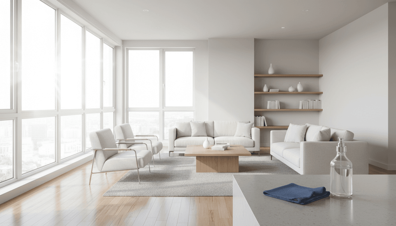 Bright freshly cleaned apartment living room with sunlight on hardwood floors