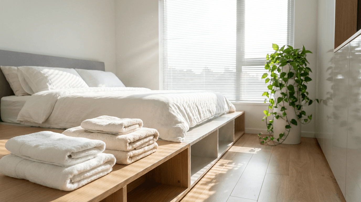 Bedroom with fresh linens after move-in preparation