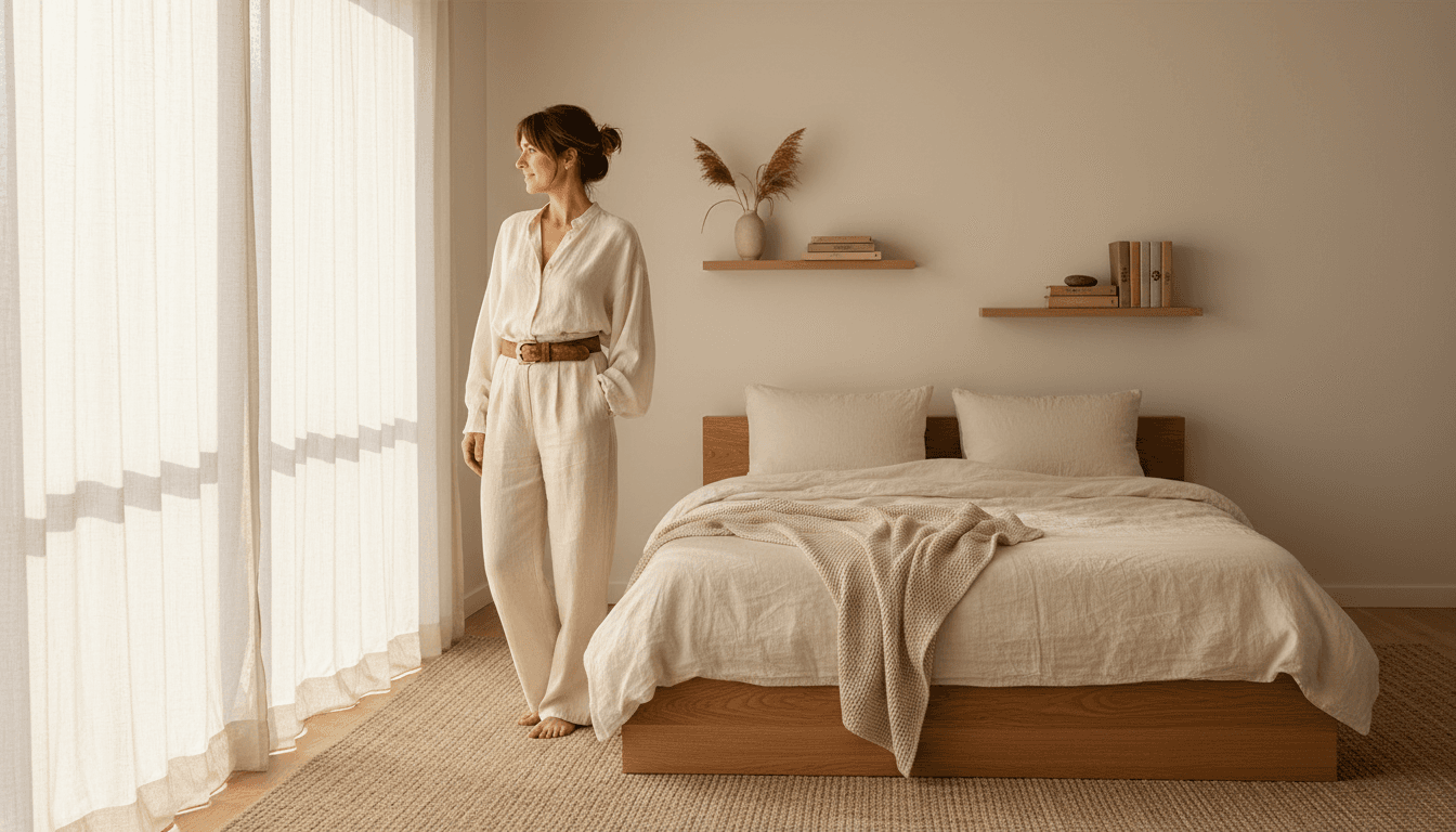 Bright living room with a woman dusting a shelf