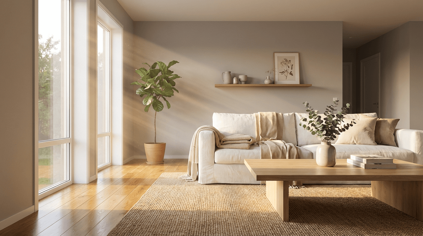 Bright, spotless modern apartment living room with natural light