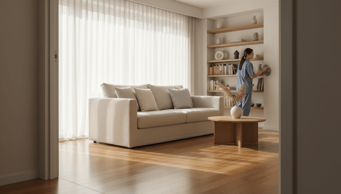 Bright, freshly cleaned living room with sunlight through windows