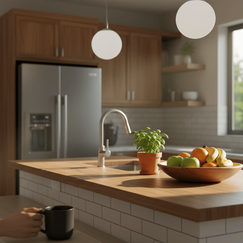 Kitchen countertops and sink polished after cleaning