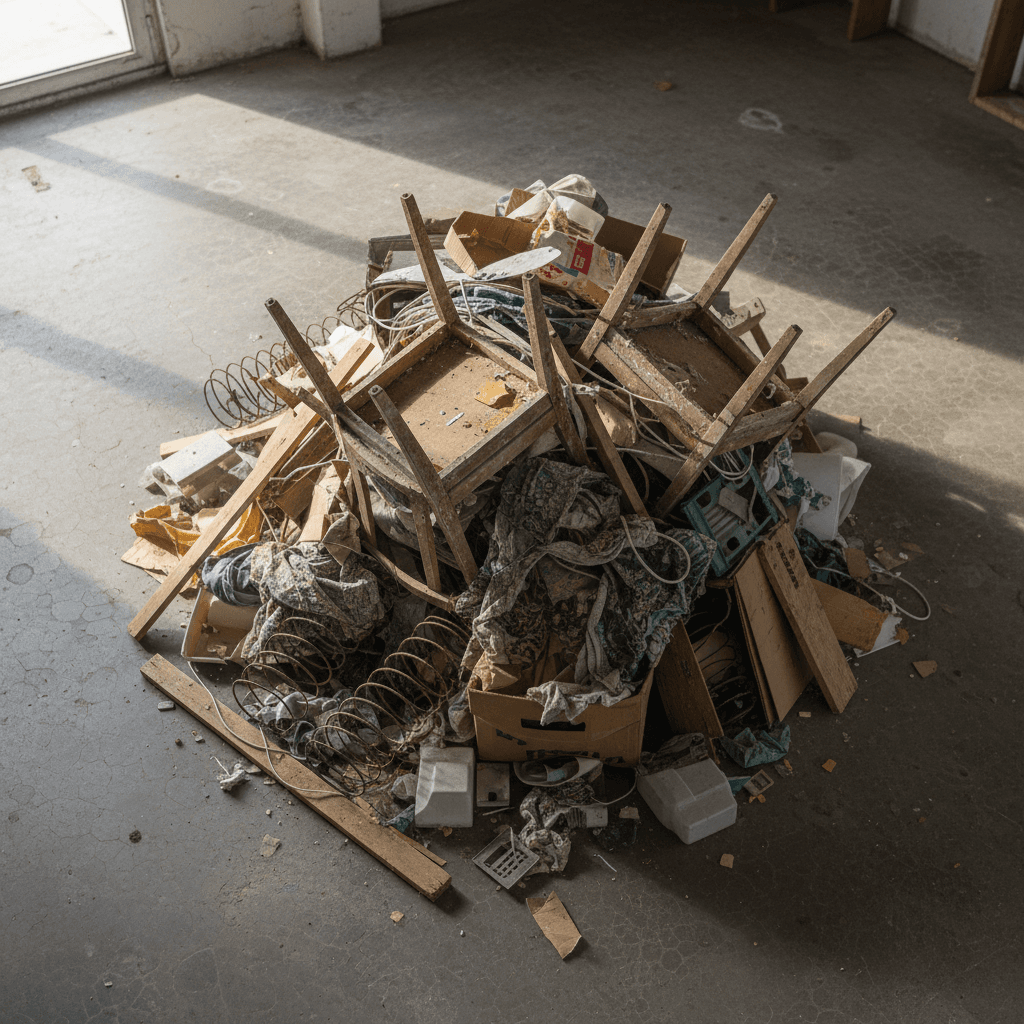 Apartment after cleanout with swept floors and bags ready for pickup